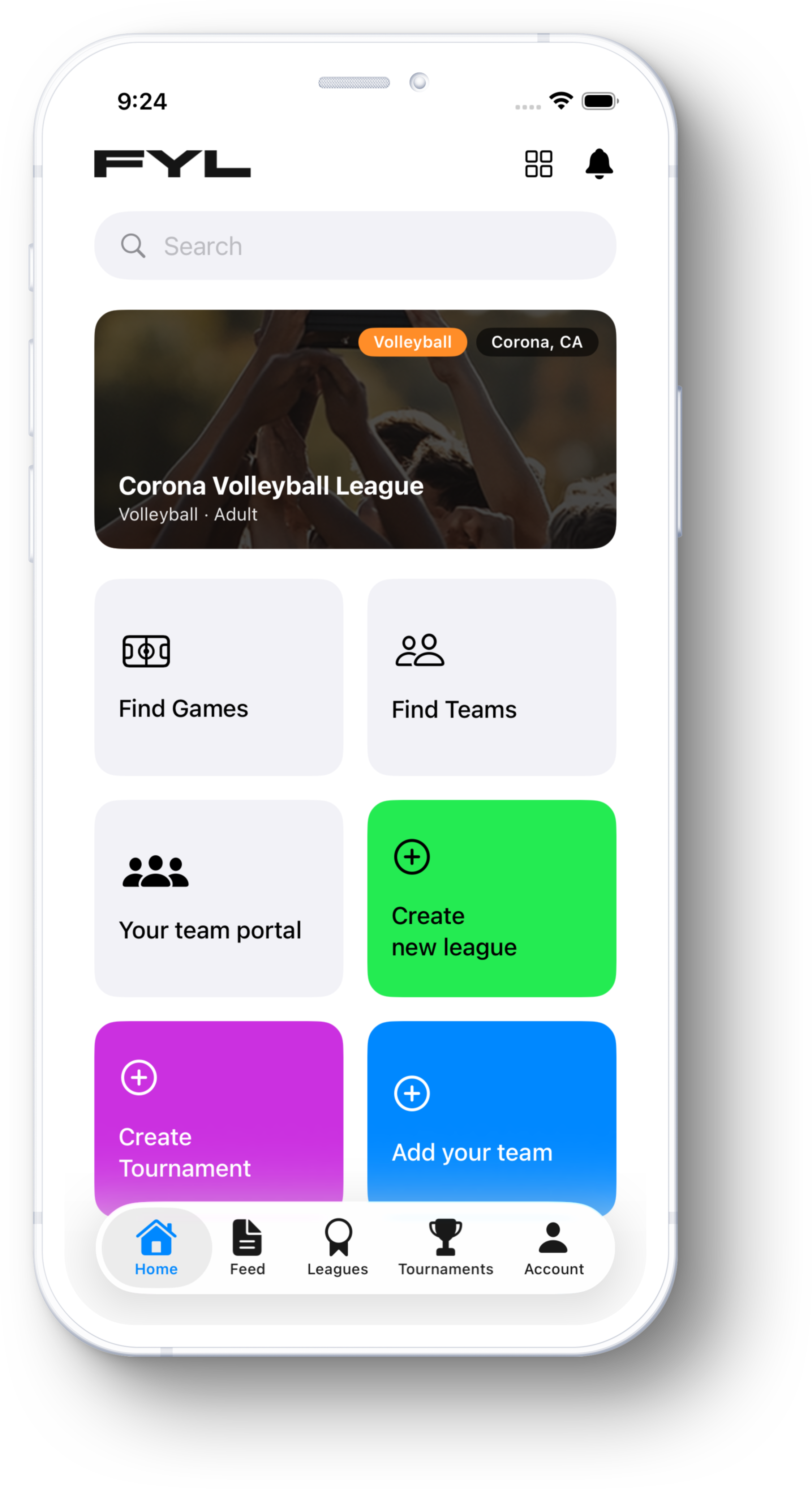Sports league app home screen showing volleyball league content, search, menu tiles, and bottom navigation.