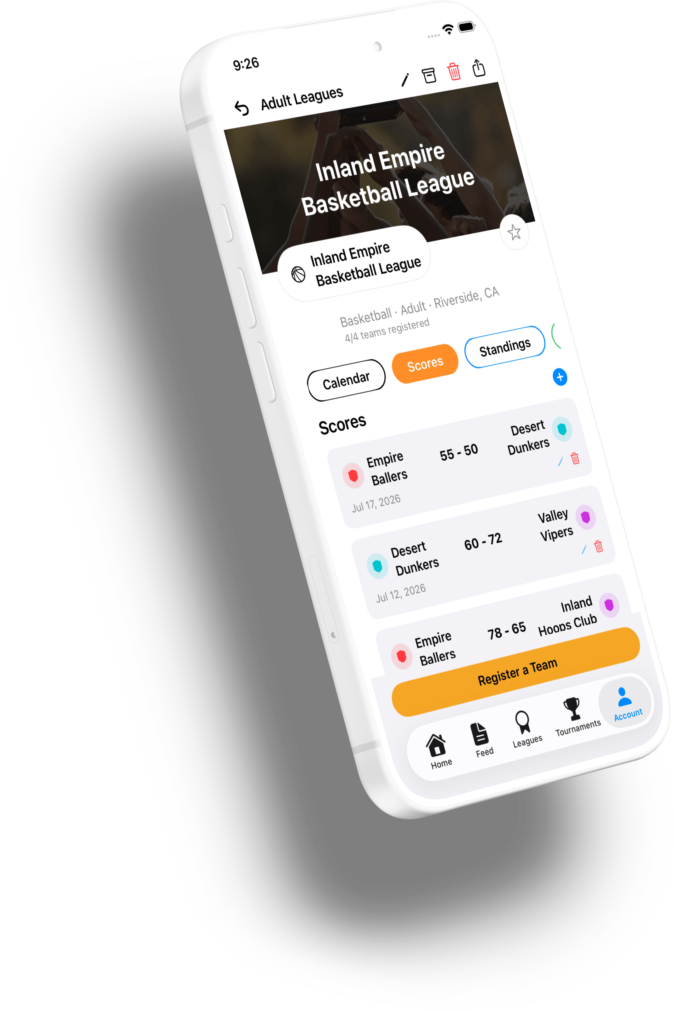 Tilted tablet displaying a basketball league scheduling and scores app interface.